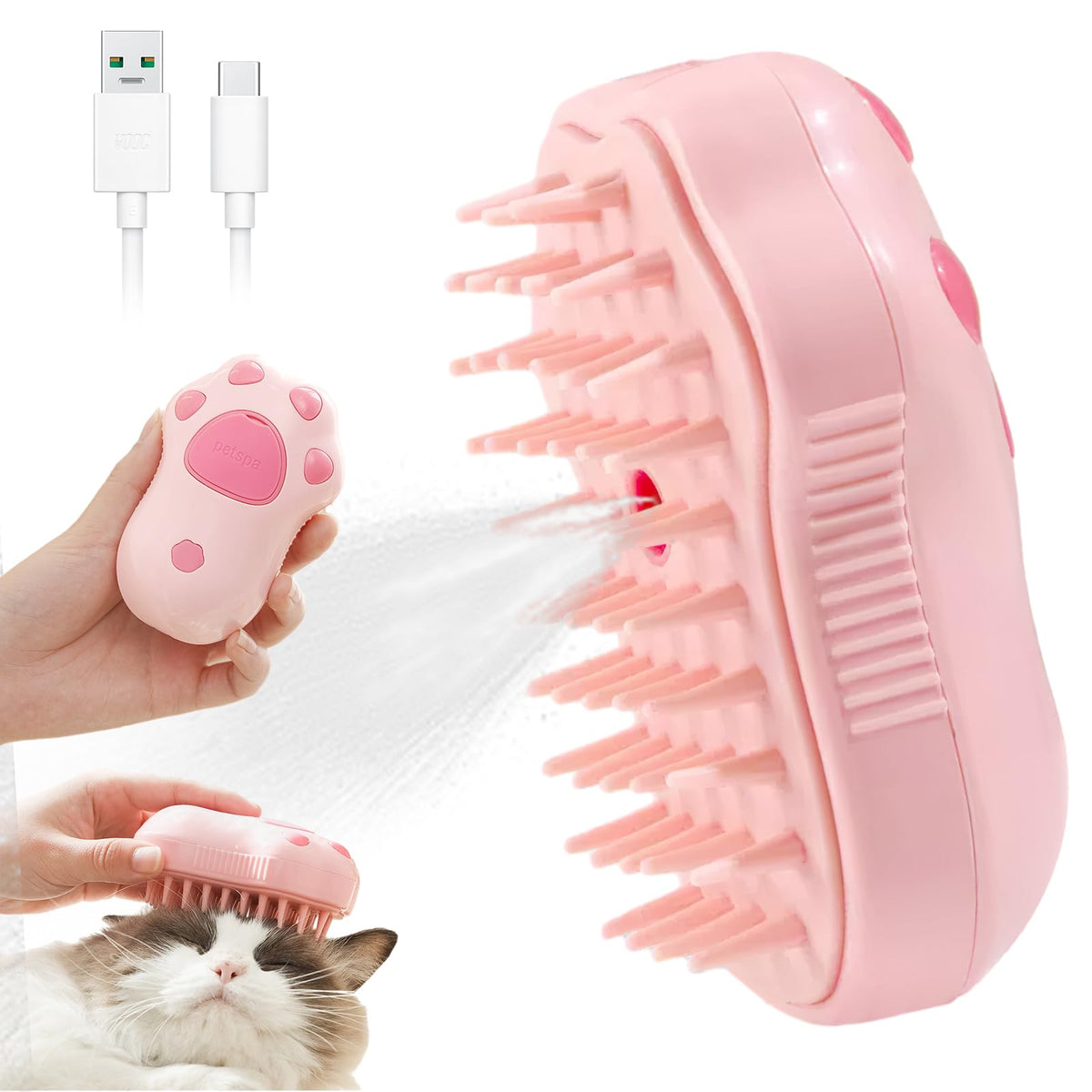 LorSou Steamy Cat Brush 3 in 1 Cat Steamy Brush Electric Cat Steam Brush Cat Grooming Brush Silicone Self Cleaning Steam Brush for MassageClean and Removing Loose Hair
