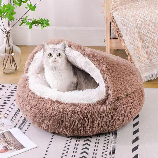 Cat Bed Round Fluffy Hooded Cat Bed Cave Anti-Anxiety Cave Bed with Hooded Blanket Cozy Cuddler Luxury Puppy Pet Bed Anti-Slip Bottom and Machine Washable (Brown Medium)