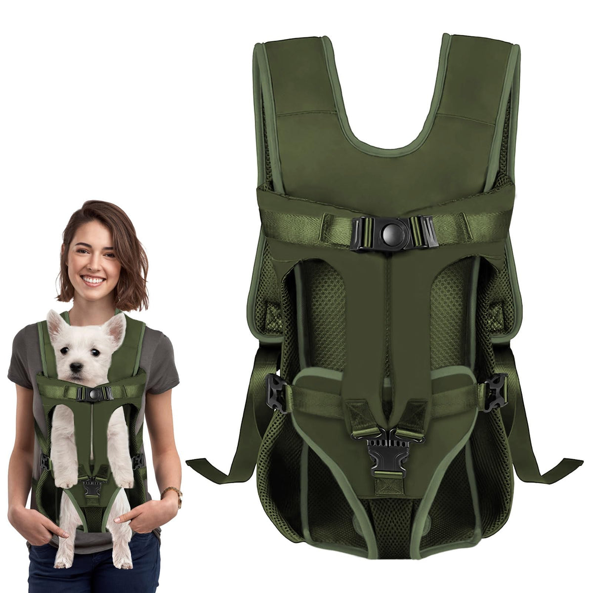 Dog Front Carrier Backpack Dog Backpack Carrier Soft Pad Pet Legs Out Easy-Fit Dog Front Carrier for Small Medium Puppy Hands Free Dog Carrier Adjustable for Cycling Hiking (Army Green M)