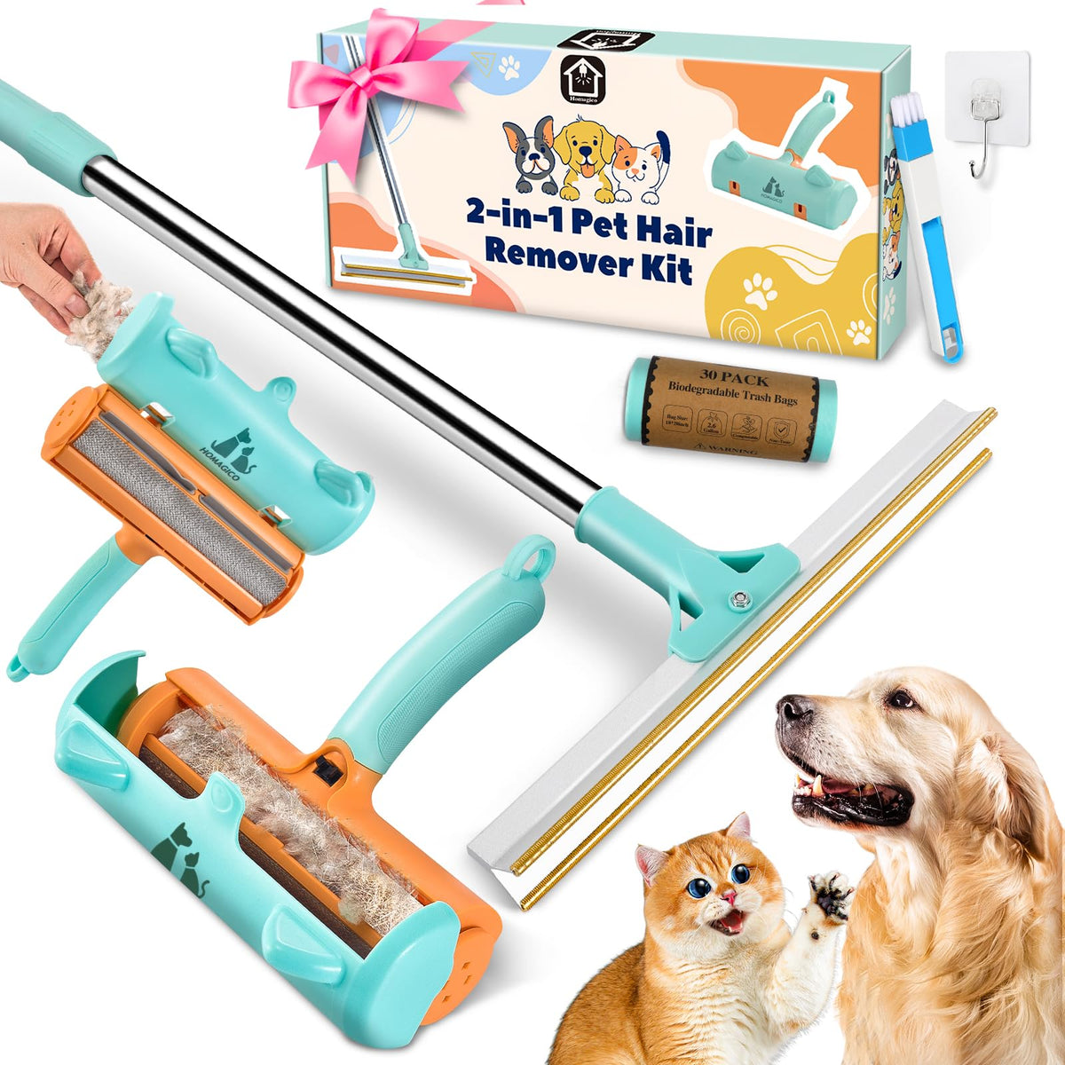 HOMAGICO 5 PCS Pet Hair Removal Tool Roller Dog Hair Removers for Couch Retractable Pet Hair Carpet Scraper Rack Reusable Cat Hair Remover for Bed Rugs Stairs Furniture