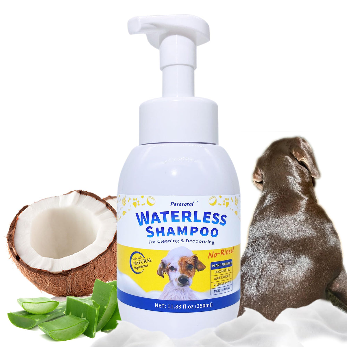 Petstoral Waterless Dog Shampoo No Rinse Puppy Dry Hypoallergenic Shampoo and Conditioner - Soothing and Deodorizing Quickly Cleans Smelly Dogs and Cats (11.84 fl oz/350ml)
