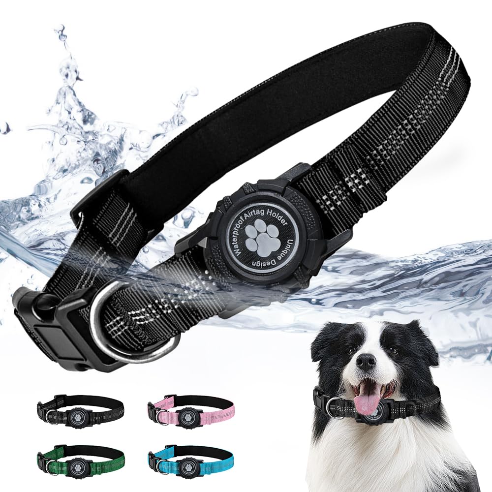 JOYPAWS Waterproof Apple AirTag Dog Collar Small Breed Dogs Reflective Air Tag Holder Locking Buckle Havey-Duty Nylon Padded Durable Dog Collars Black S
