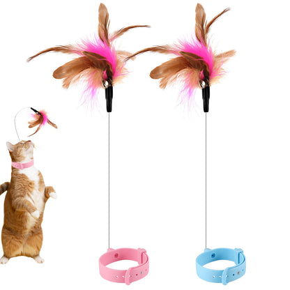 2pcs Cat Collar Toy Attached Silicone Cat Teasing Wand Adjustable Cat Feather Collar Toys with Bell Cat Interactive Teaser Toys for Indoor Cat Playing Training (Pink Blue)