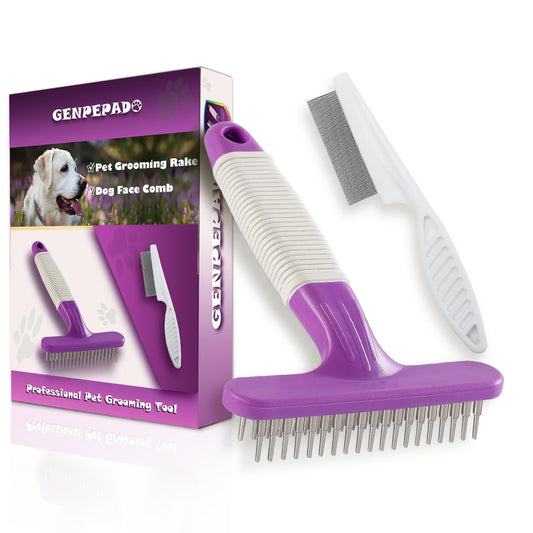 Dog & Cat Grooming Rake for Deshedding Brushing and Detangling - Double Row Stainless Steel Pins Dematting Tool for Removing Loose Undercoat & Tangles Reducing Shedding in Medium or Long-Haired Pets